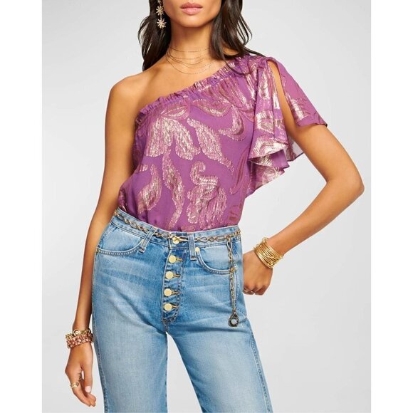 Ramy Brook Peach Ruffle One-shoulder Silk Blend Top In Purple Jacquard Large - Picture 1 of 12